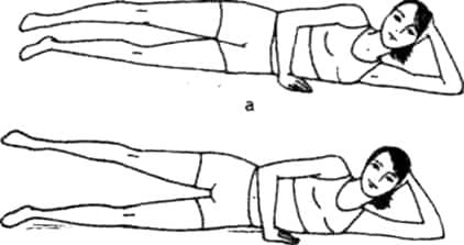 Exercise #2: Starting position is lying on your left side, arms bent at the elbow, right palm on the floor at waist level.