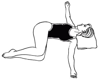 Exercise 3: Starting position is lying on the back, legs extended and twisted, hands behind head.