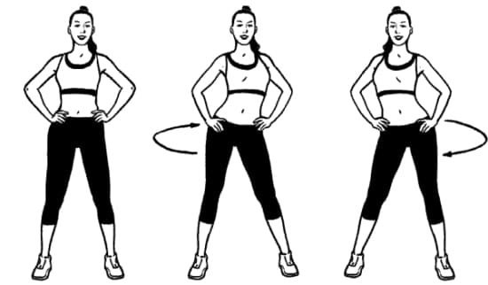 Exercise 4: Starting position is standing, with your feet shoulder-width apart, hands at your waist.